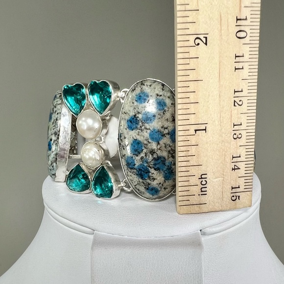 Azurite K2 Pearl Apatite 925 Large Gemstone Bracelet - Picture 4 of 6